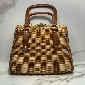 Vintage Simon Styled by Mister Ernest Wicker Handbag Brown Leather Woven Straw